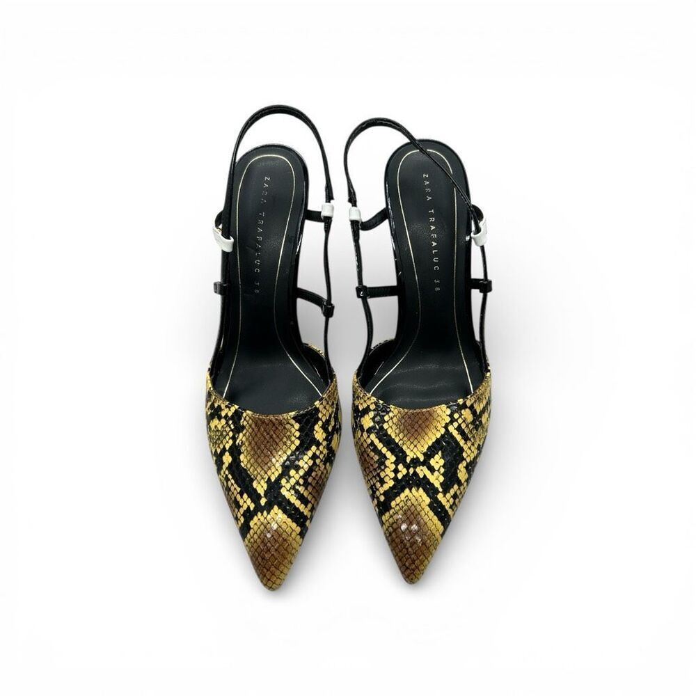 Zara Trafaluc Yellow Snakeskin Slingback Stiletto Heels Pointed Toe Size 38
